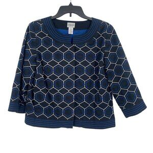 Chico's Size 1 Medium Blue Embroidered Geometric 3/4 Sleeve Jacket